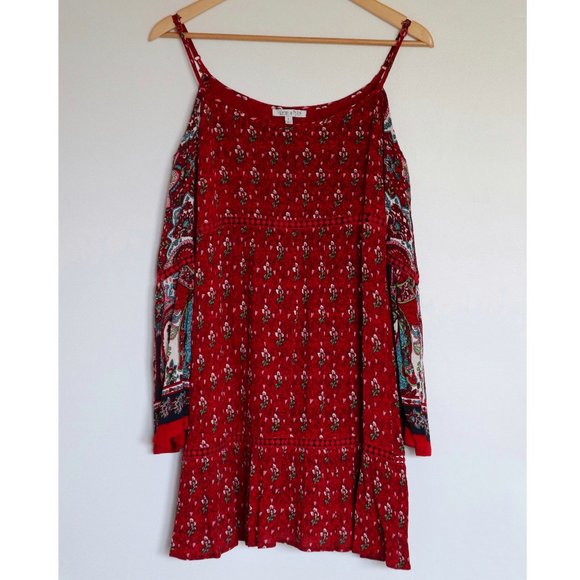 Patrons of Peace Red Cold Shoulder Bell Sleeve Dress - Picture 2 of 11